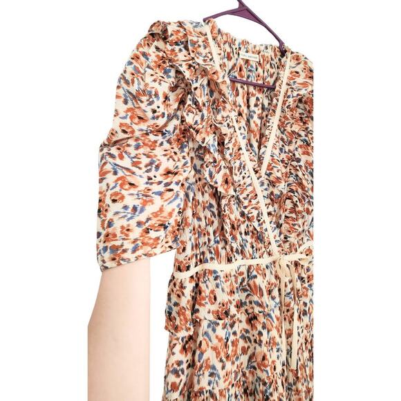 Ulla Johnson Dress Midi Wrap Orange Blue Ruffle Pleated Knit Trim Lisette US 4 - Picture 10 of 13